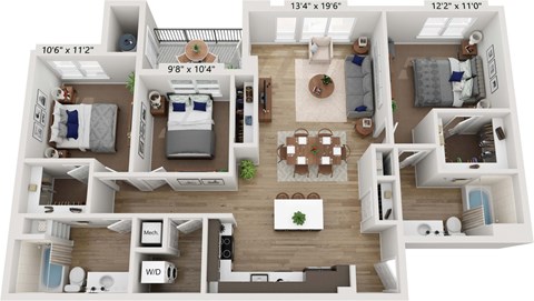 Floor plan for 3 beds, 2 baths, 1381 sqft